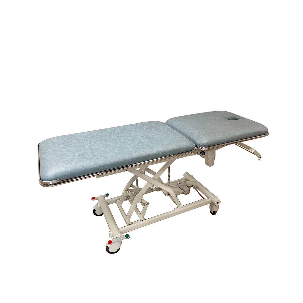 Rehab Care undersøgelsesleje, 2-delt, blå skai, næsehul, el.højde, 200 cm x 70 cm x 47-101 cm