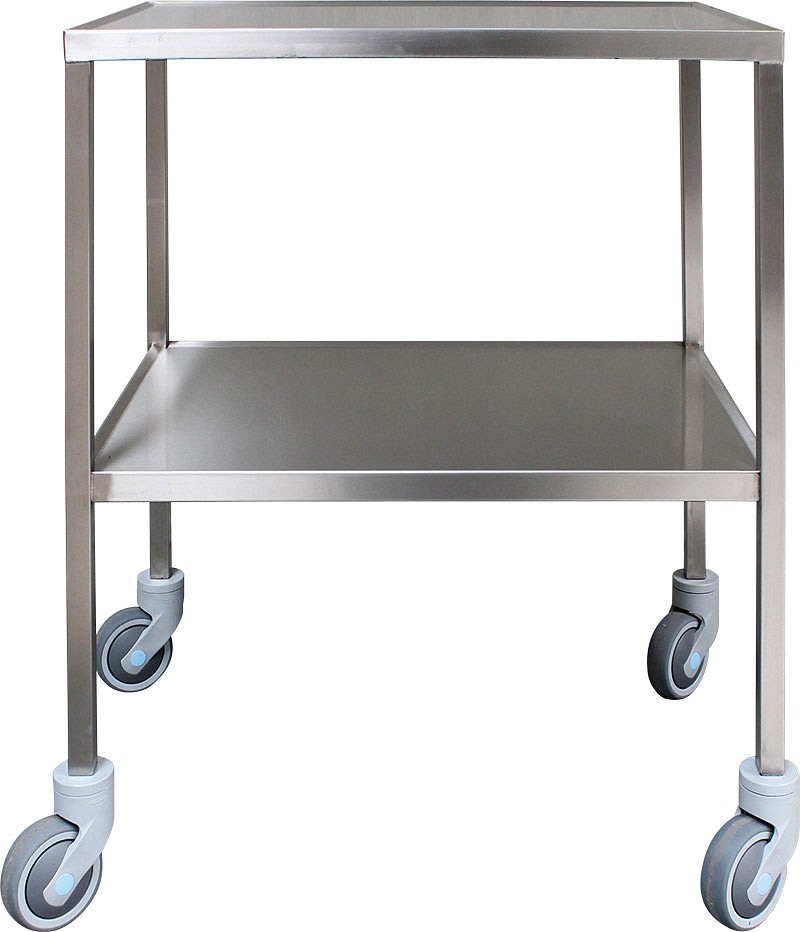 Rustfrit instrumentbord, bord med 4 svingbare hjul Ø100mm, u. bremse, 70 cm x 50 cm x 85 cm