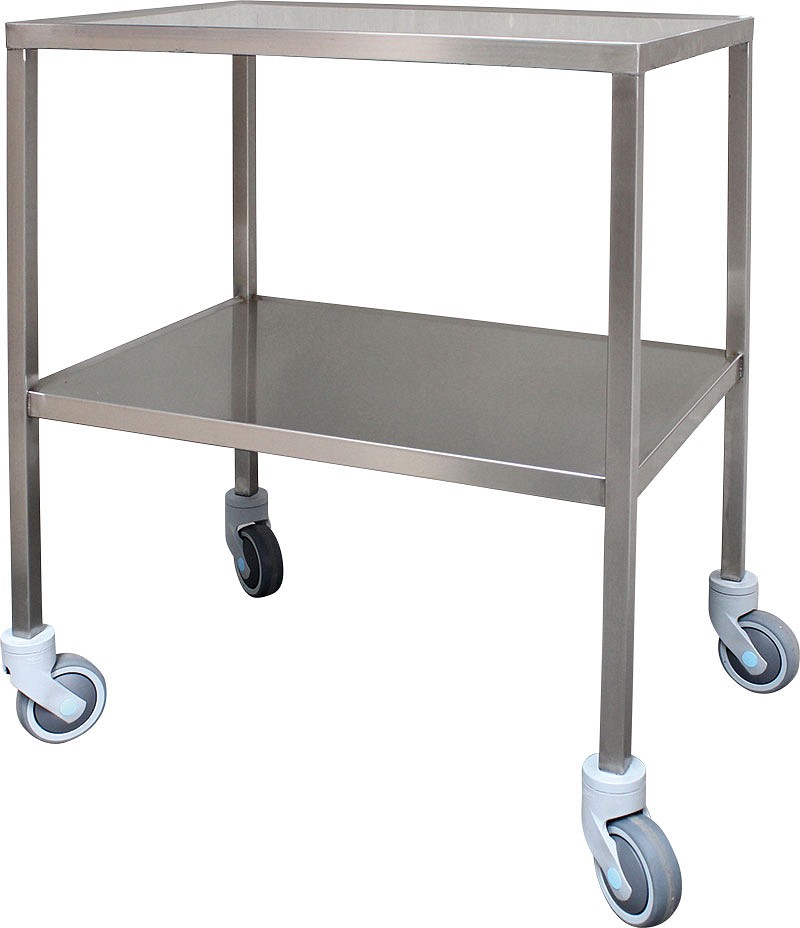 Rustfrit instrumentbord, bord med 4 svingbare hjul Ø100mm, u. bremse, 70 cm x 50 cm x 85 cm