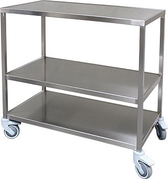 Rustfrit instrumentbord, bord med 3 hylder og 2 hjul, Ø125mm, m. bremse, 60 cm x 150 cm x 85 cm