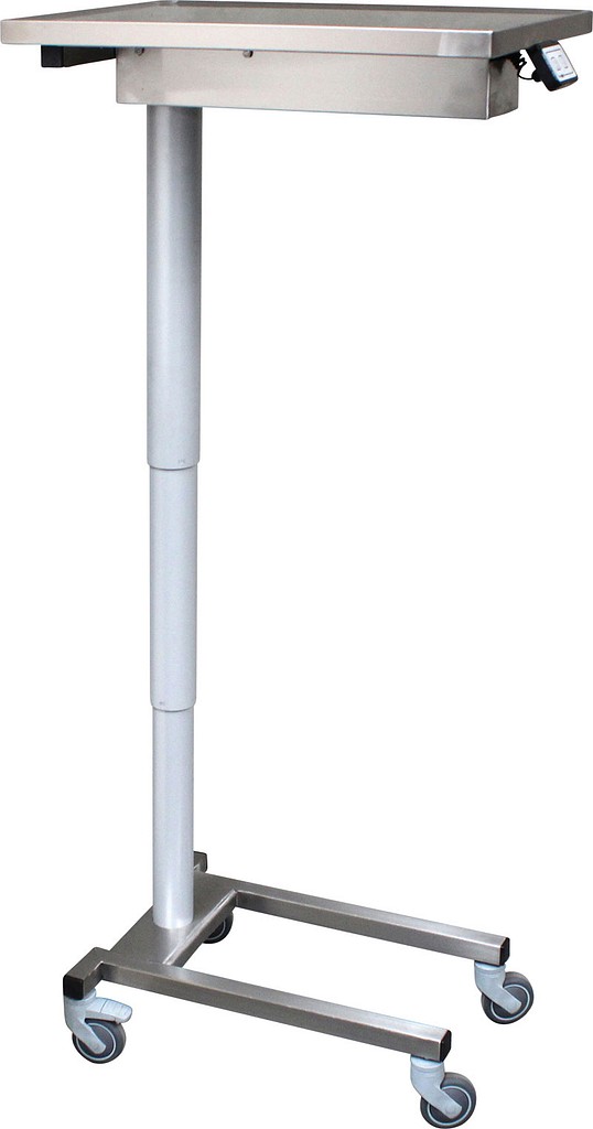 Assistancebord, rustfrit med elektrisk hæve-sænk Ø75mm hjul, m. br, 50 cm x 70 cm