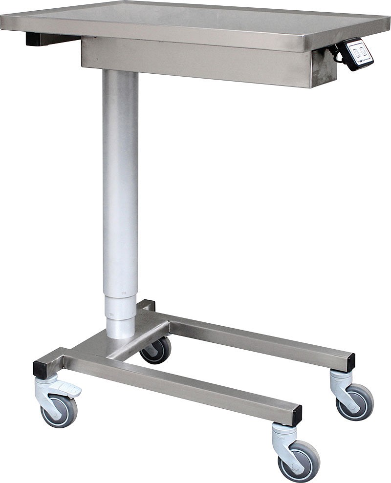 Assistancebord, rustfrit med elektrisk hæve-sænk Ø75mm hjul, m. br, 50 cm x 70 cm