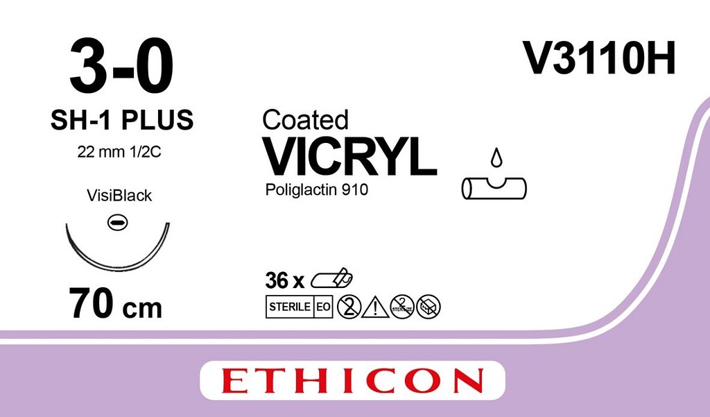 Ethicon Vicryl, sutur, violet 70 cm med JB-1 nål, 22 mm, steril, 3-0