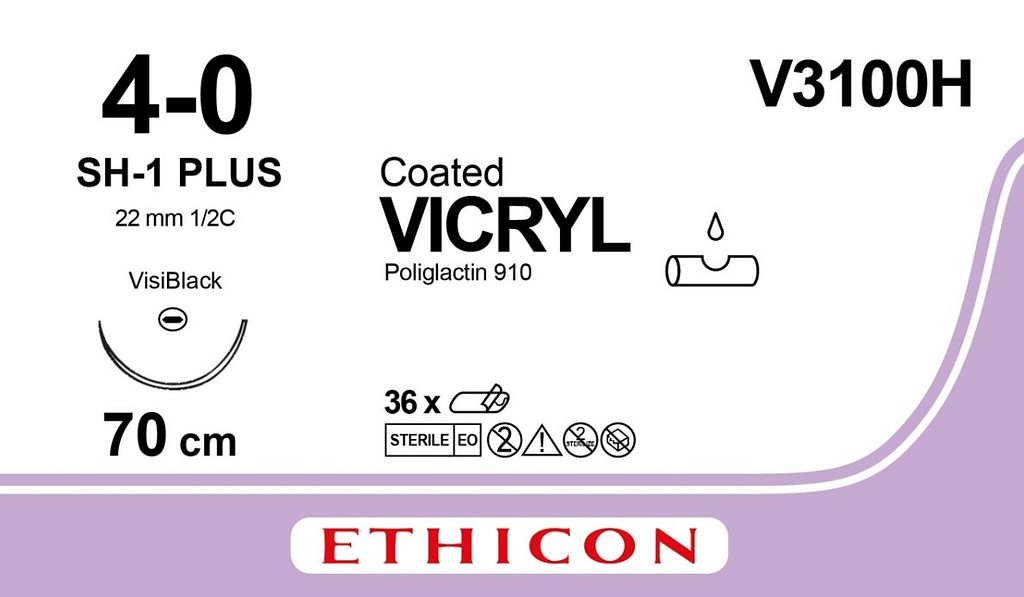 Ethicon Vicryl, sutur, violet 70 cm med JB-1 nål, 22 mm, steril, 4-0