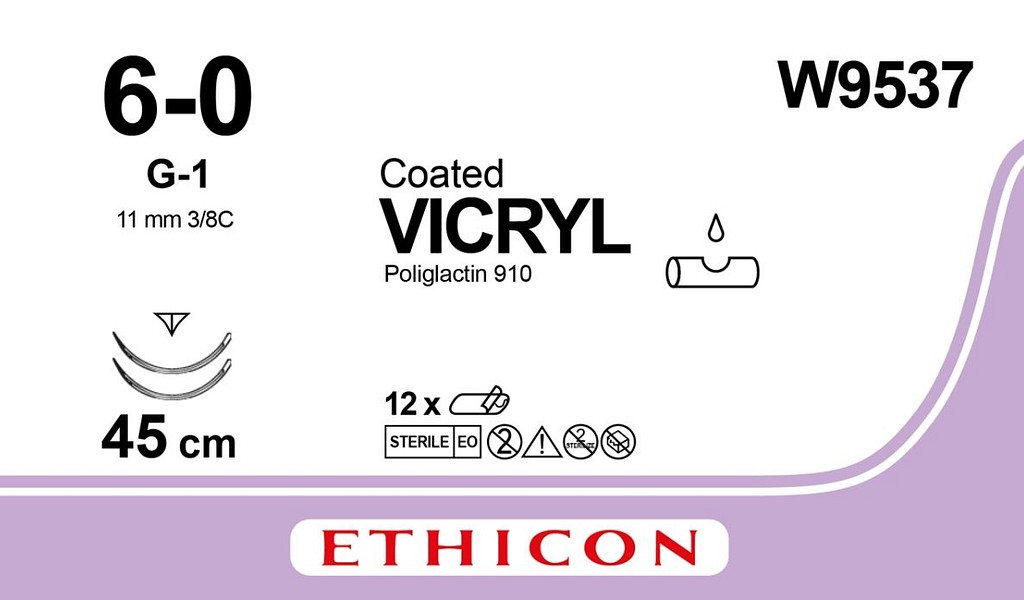 Ethicon Vicryl, sutur violet 45 cm G-1 11mm 3/8 dobb steril, 6-0