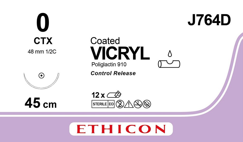 Ethicon Vicryl, sutur, violet, 8 x 45 cm med CTX nål, steril, 0