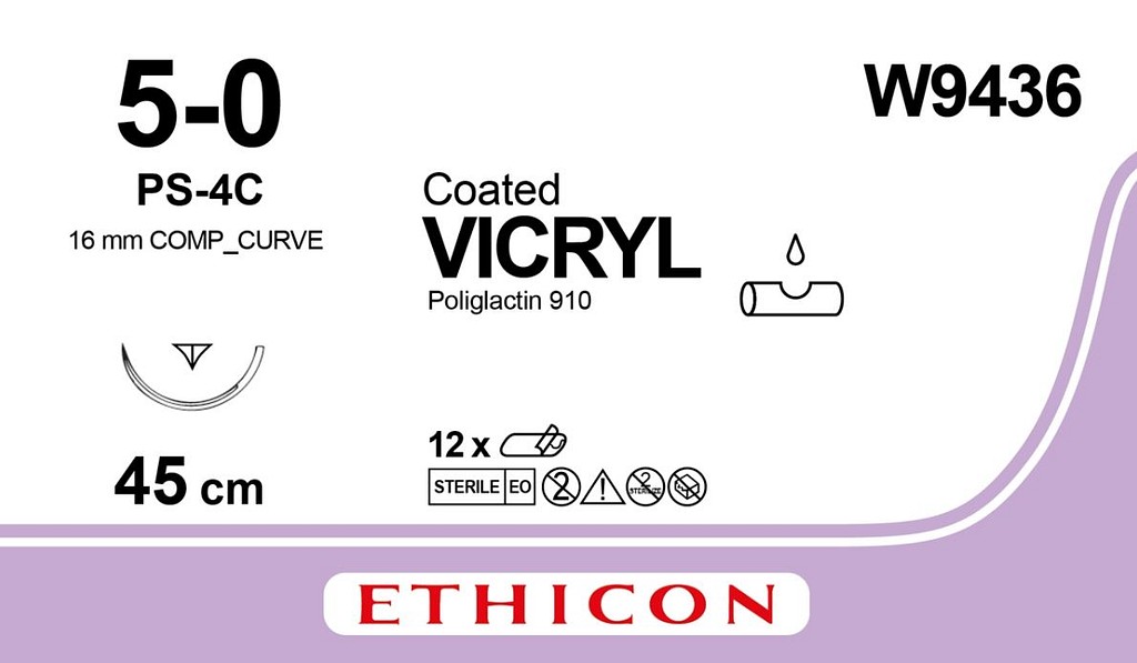 Ethicon Vicryl, sutur, ufarvet, 45 cm med PS-4 nål, steril, 5-0