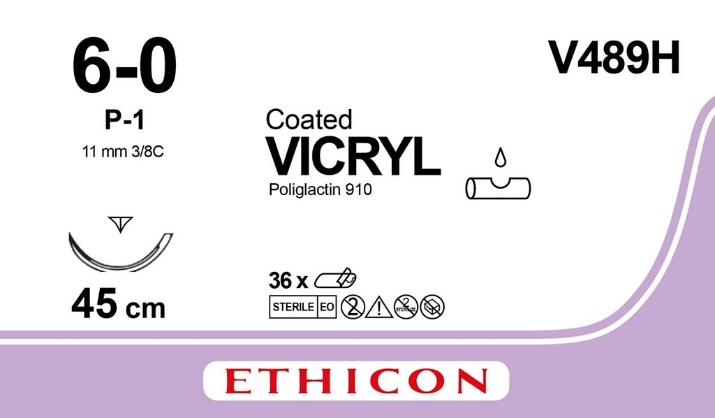 Ethicon Vicryl, sutur, ufarvet, 45 cm med P-1 nål, steril, 6-0