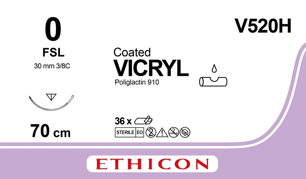 Ethicon Vicryl, sutur, ufarvet, 70 cm med FSL nål, steril, 0