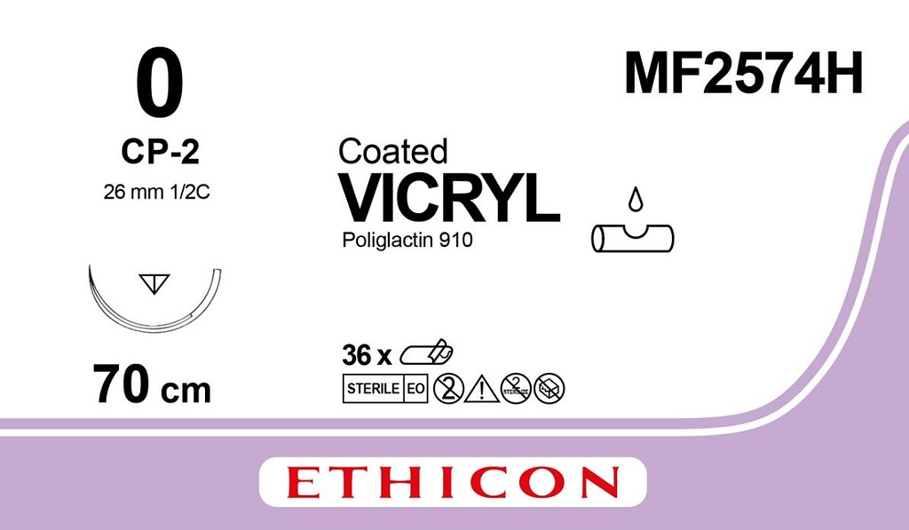 Ethicon Vicryl, sutur, violet, 70 cm med CP-2 nål, steril, 0
