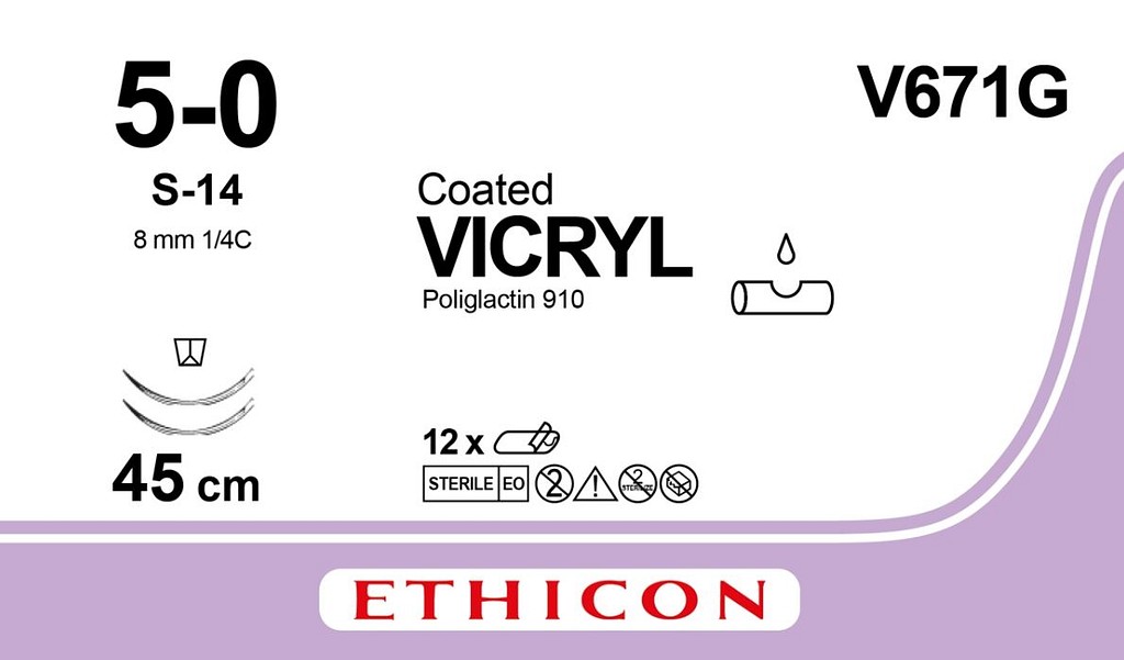 Ethicon Vicryl, sutur, ufarvet, 45 cm med 2 x S-14 nål, steril, 5-0