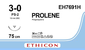 Ethicon Prolene, sutur, blå, 75 cm, PS-2 nål, steril, 3-0