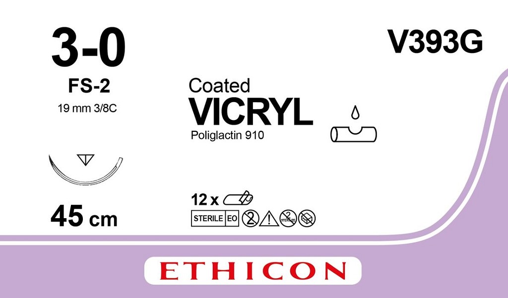 Ethicon Vicryl, sutur, lilla, 45 cm med FS-2 nål, steril, 3-0