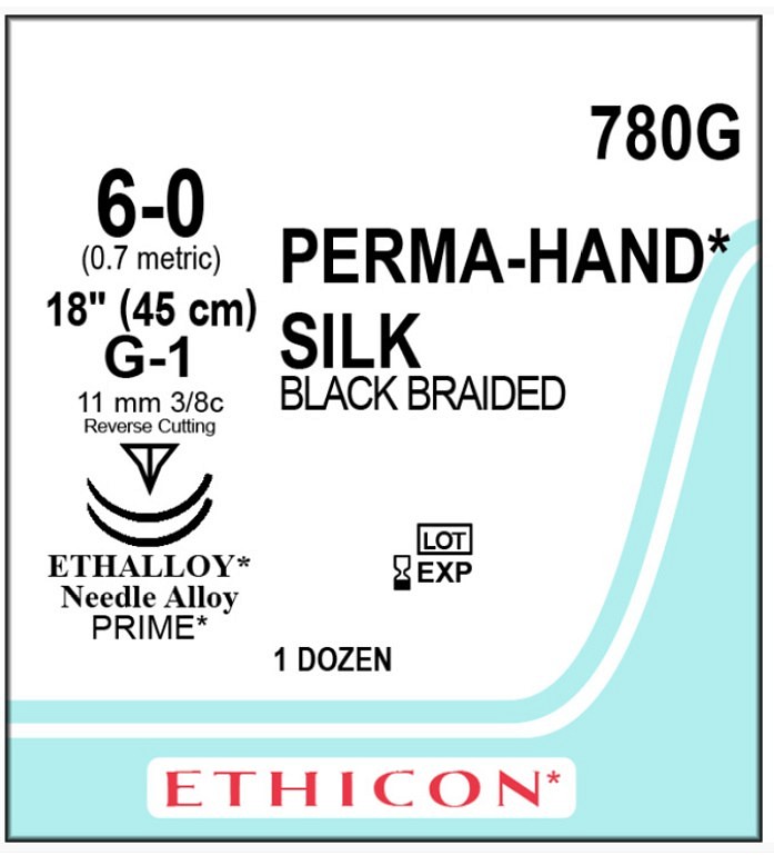 Ethicon Silke, sutur, ufarvet, 45cm, G-6 nål, 8 mm, steril, 6-0