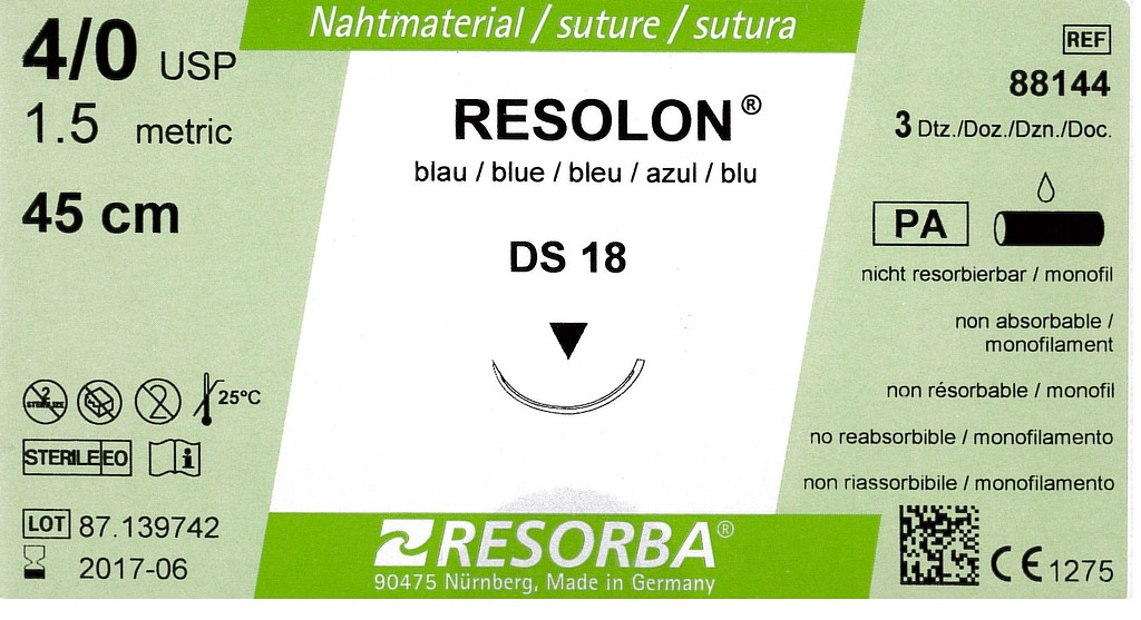 Resorba, Resolon, blå, 45cm med DS 18 nål, steril, 4-0