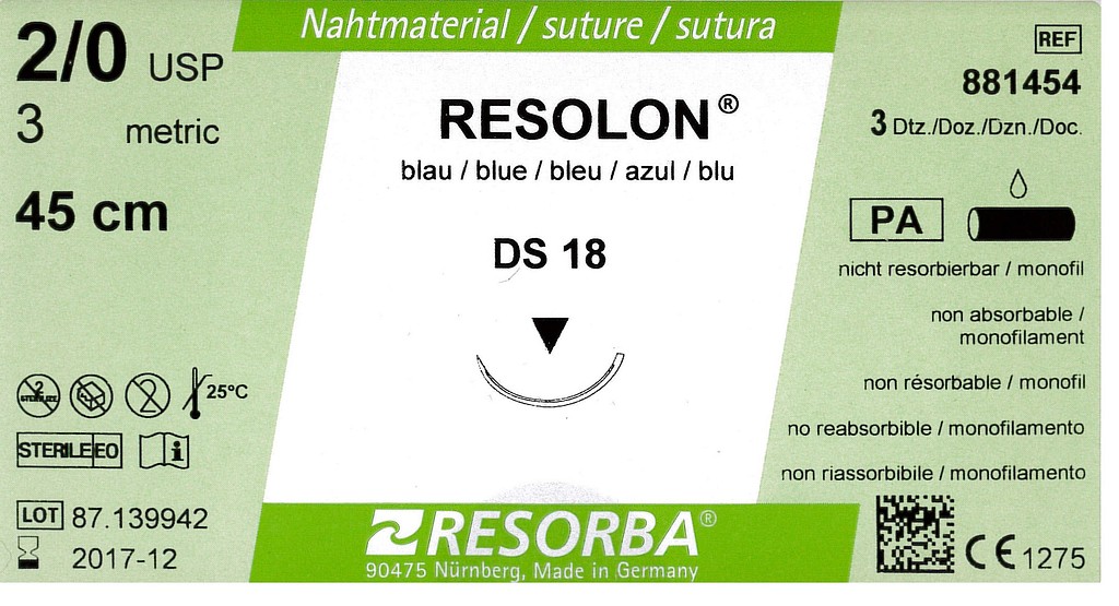 Resorba, Resolon, blå, 45cm med DS 18 nål, steril, 2-0
