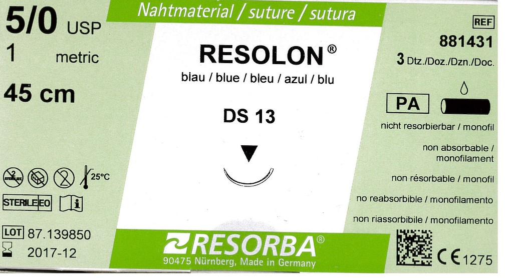 Resorba, Resolon, blå, 45cm med DS 13 nål, steril, 5-0