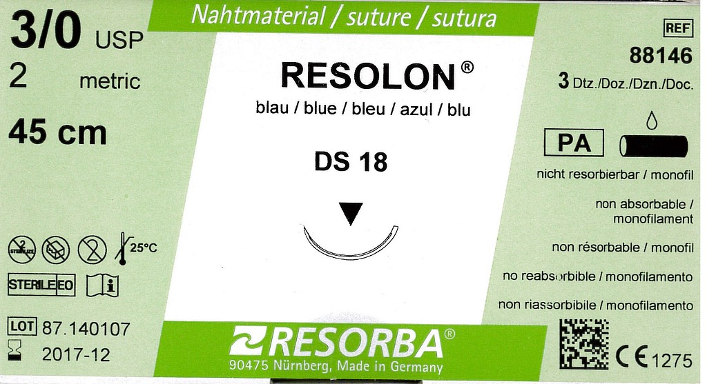 Resorba, Resolon, blå, 45cm med DS 18 nål, steril, 3-0
