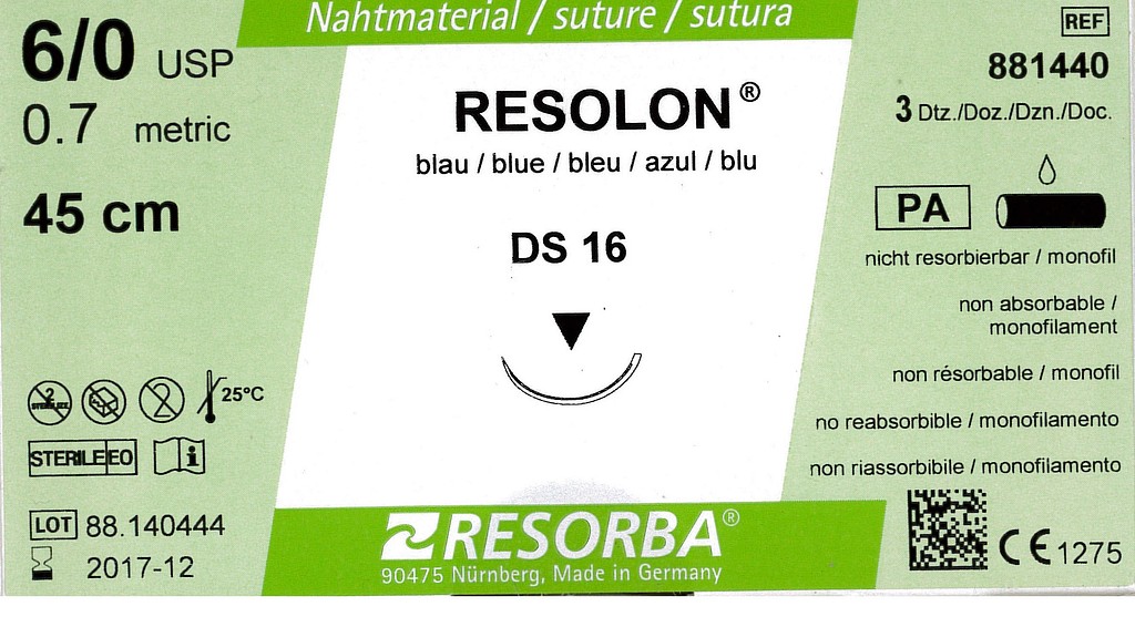 Resorba, Resolon, blå, 45cm med DS 16 nål, steril, 6-0