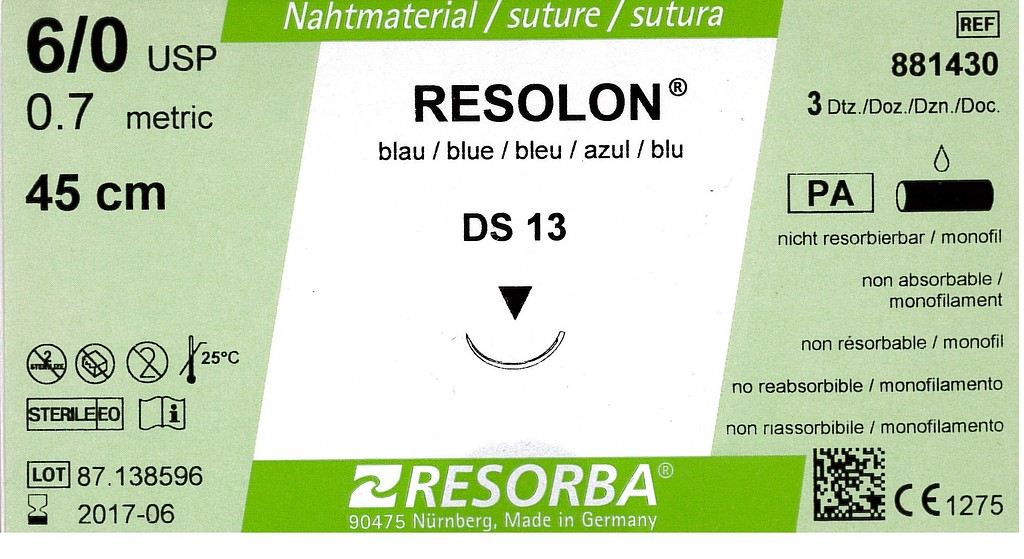 Resorba, Resolon, blå, 45cm med DS 13 nål, steril, 6-0