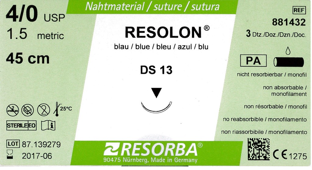 Resorba, Resolon, blå, 45cm med DS 13 nål, steril, 4-0
