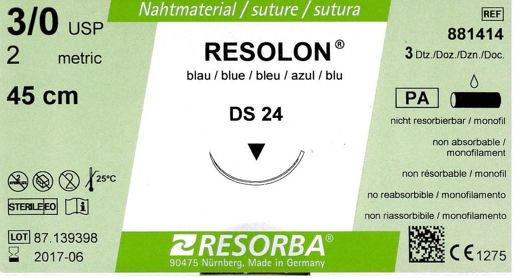 Resorba, Resolon, blå, 45cm med DS 24 nål, steril, 3-0