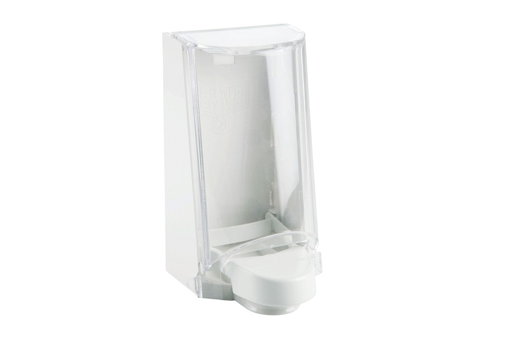 Sterisol, vægdispenser, hvid m/klar plexilåg, kort plastarm, 0,7 l