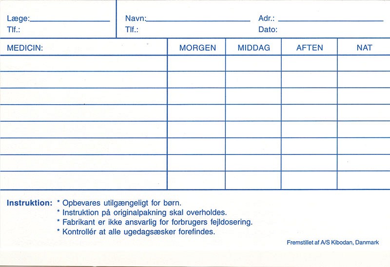 Kibodan, medicinkort til MEDIDOS og MEDIMAX doseringsæske