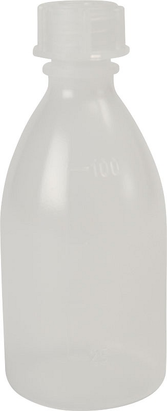 Plastflaske, med smal hals og skruelåg, 100 ml