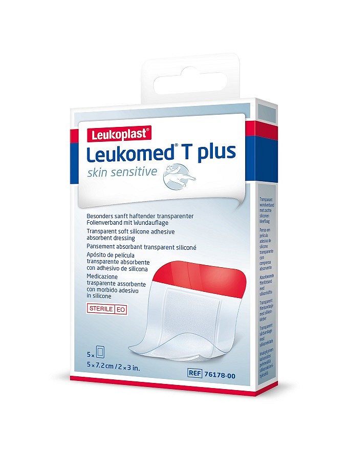 Leukomed T plus sensitive, Filmforbinding m. sårpude og silikoneklæb, steril, 5 x 7,2 cm