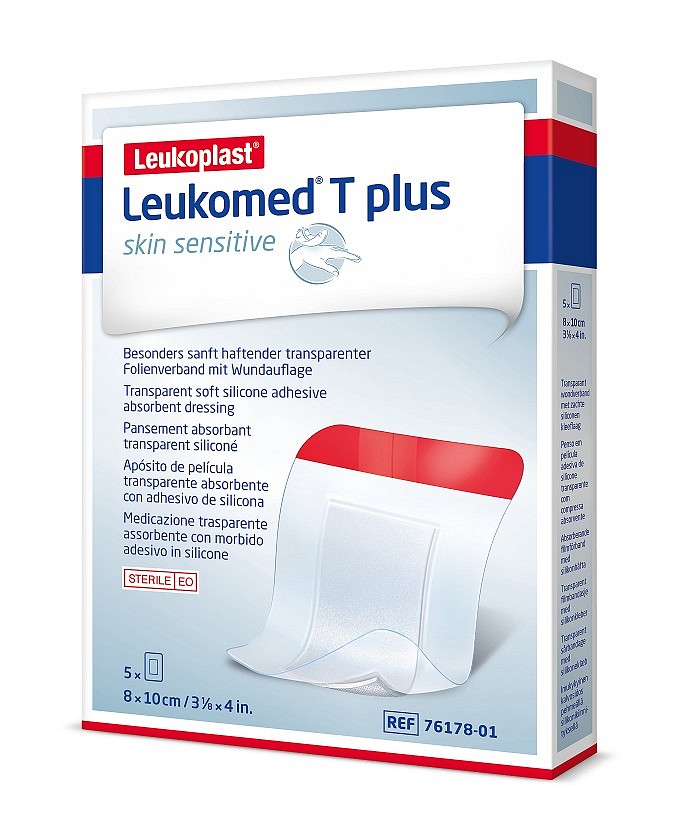 Leukomed T plus sensitive, Filmforbinding m. sårpude og silikoneklæb, steril, 8 x 10 cm