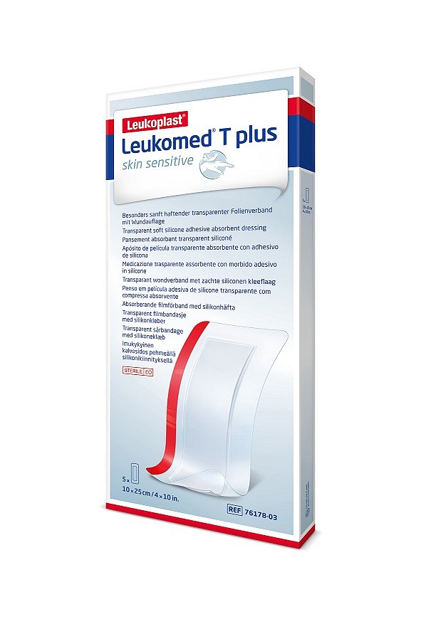 Leukomed T plus sensitive, Filmforbinding m. sårpude og silikoneklæb, steril, 10 x 25 cm