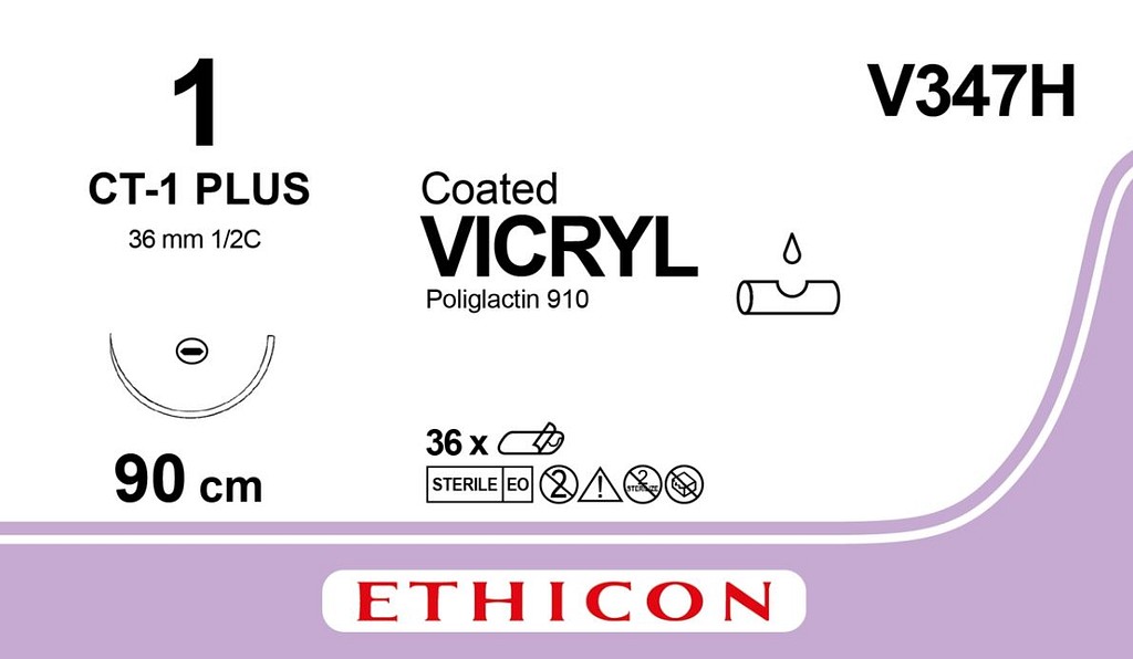 Ethicon Vicryl, sutur, violet, 90 cm, CT-1 plus nål, steril, 2-0