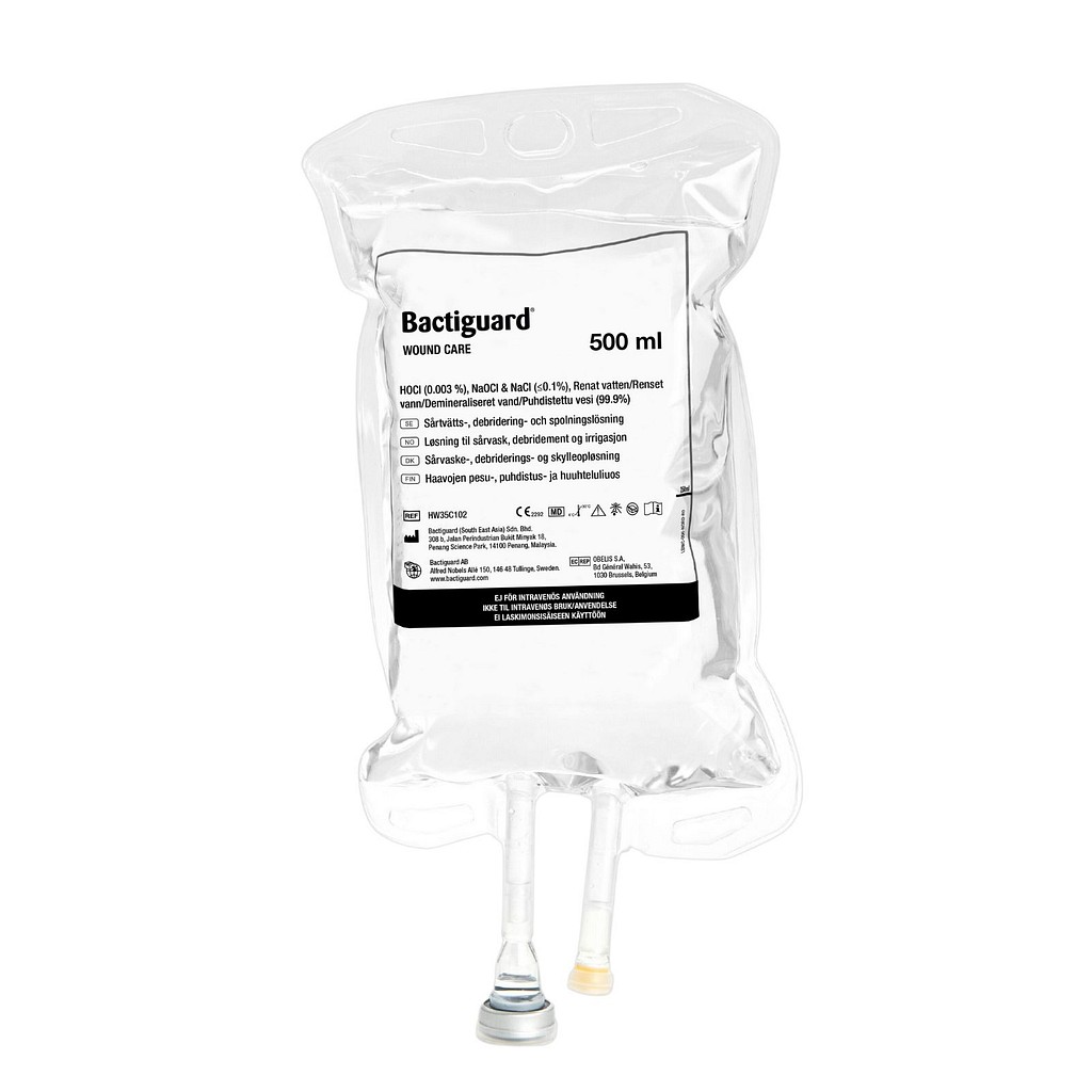 Bactiguard, Hydrocyn aqua, Antimikrobiel sårskyllevæske, pose til ophæng, 500 ml