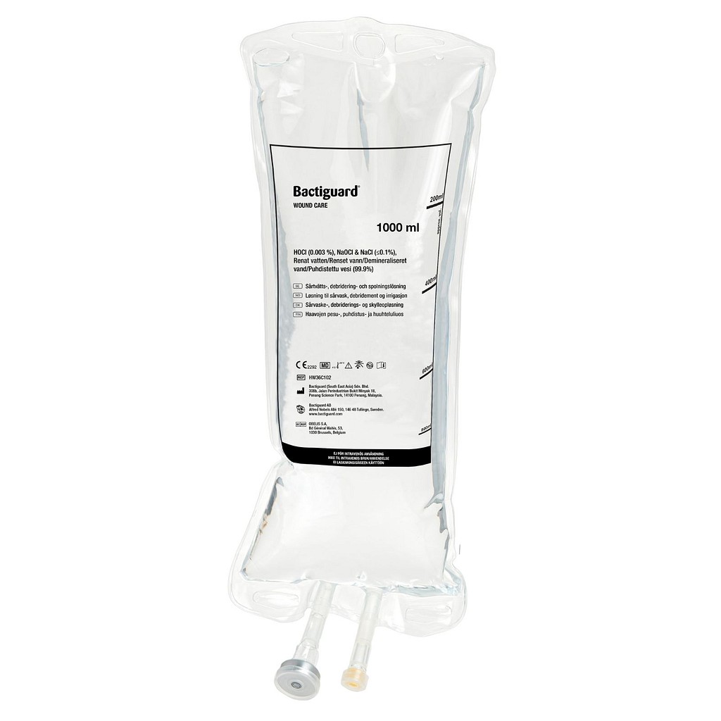 Bactiguard, Hydrocyn aqua, Antimikrobiel sårskyllevæske, pose til ophæng, 1000 ml