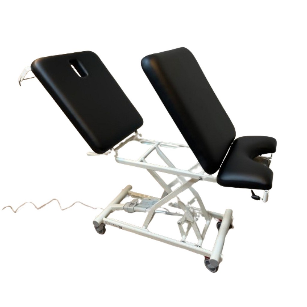 Rehab Care undersøgelsesleje, 3-delt gyn, sort, papirholder, fodbetjent el højdereg.