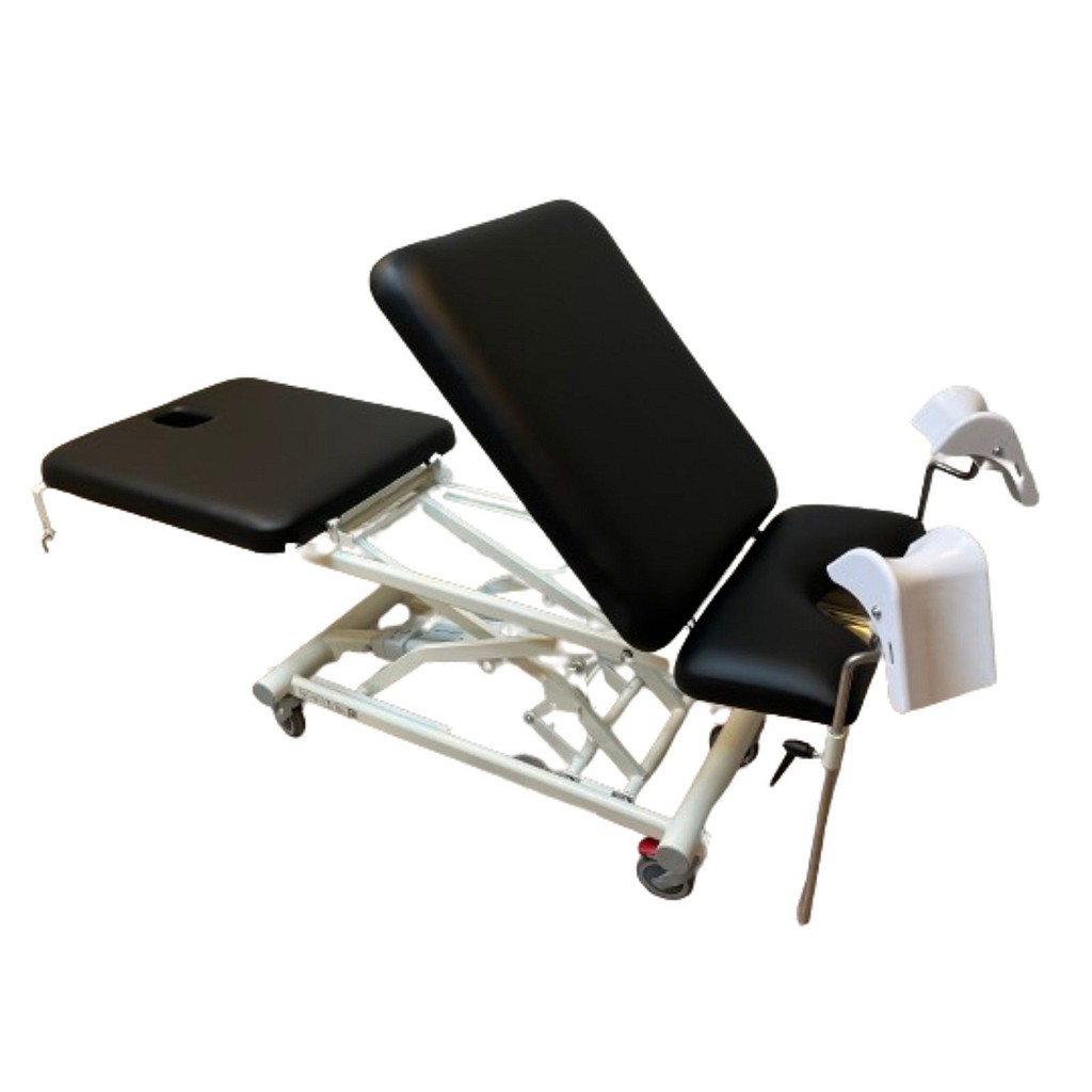 Rehab Care undersøgelsesleje, 3-delt gyn, sort, papirholder, fodbetjent el højdereg.