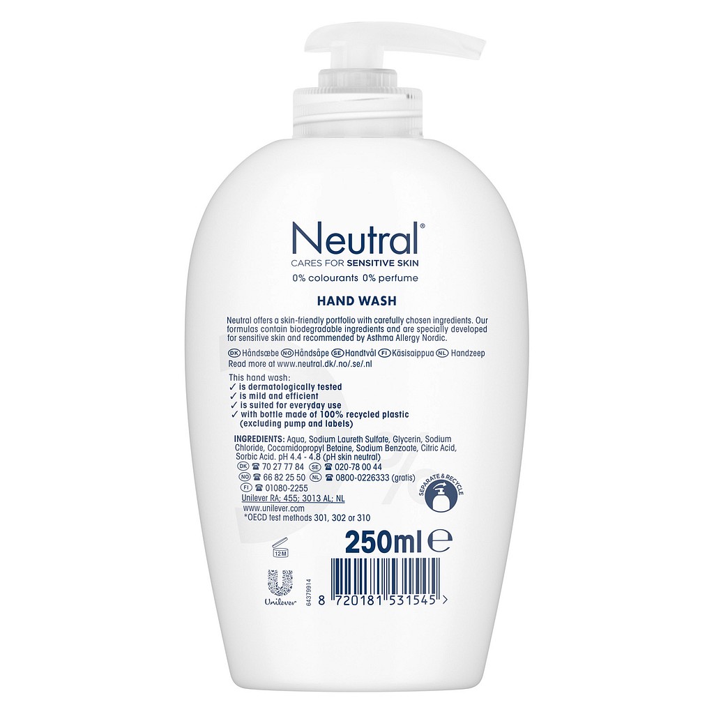 Neutral,flydende håndsæbe, sensitive skin, parfumefri, 250 ml