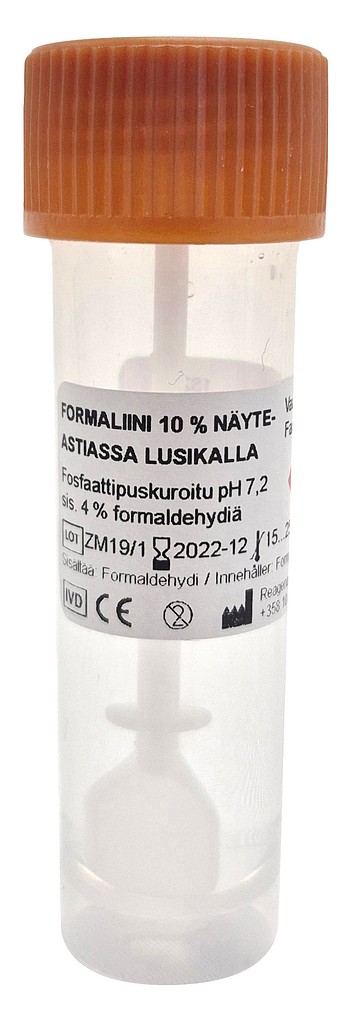 Formaliini 10 % puskuroitu pH 7,2 8 ml x 94 kpl, lusikkanäytepurkki 17 ml