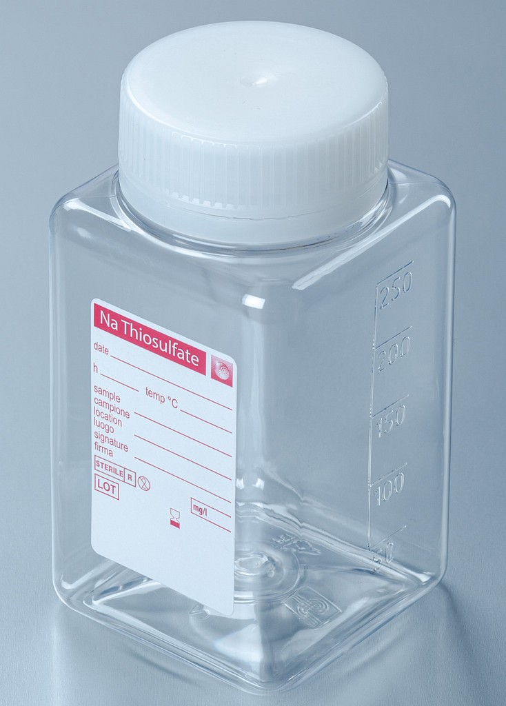 Vesinäytepullo 250 ml steriili PET-muovia sis. Na-tiosulfaattia