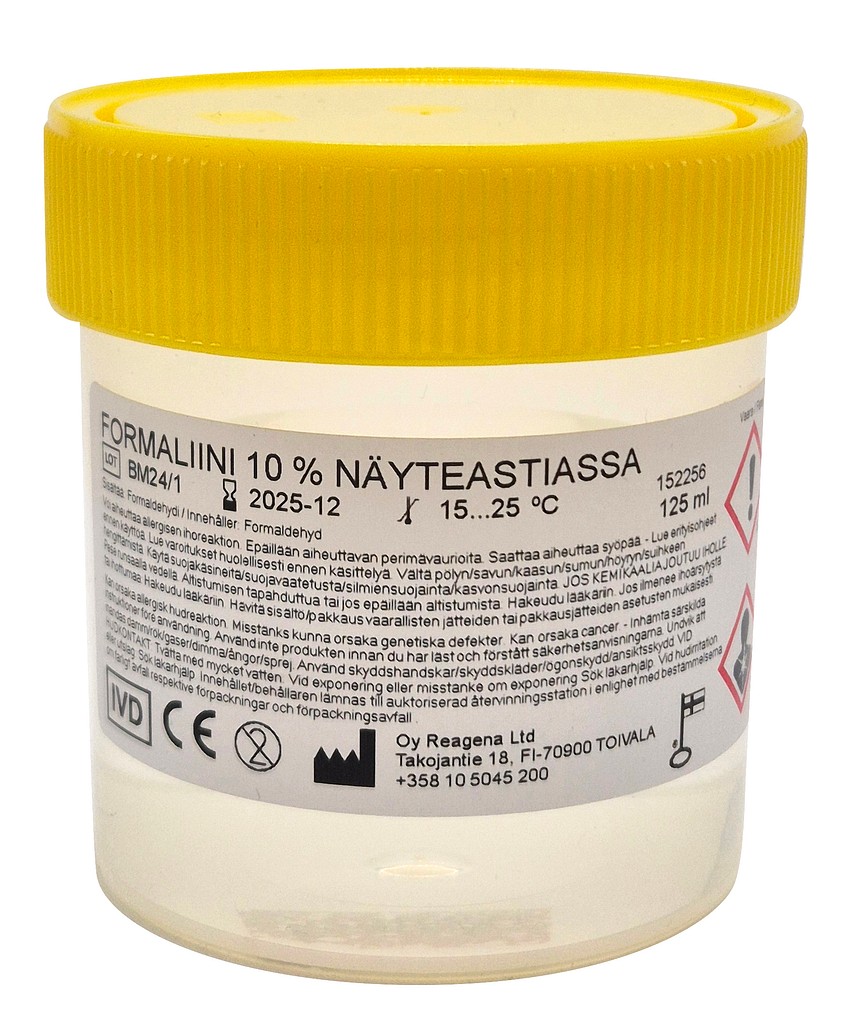 Formaliini 10 % pusk. 125 ml x 36 kpl, näytepurkki 250 ml