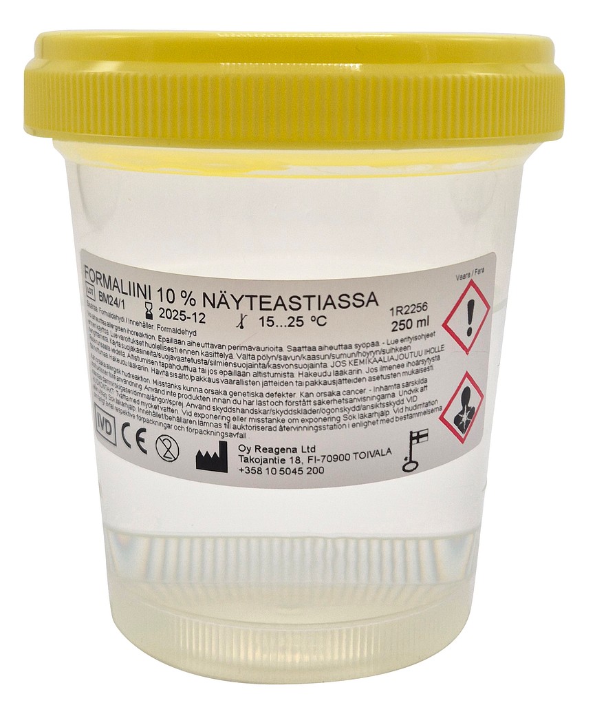 Formaliini 10 % pusk. 250 ml x 18 kpl, näytepurkki 500 ml