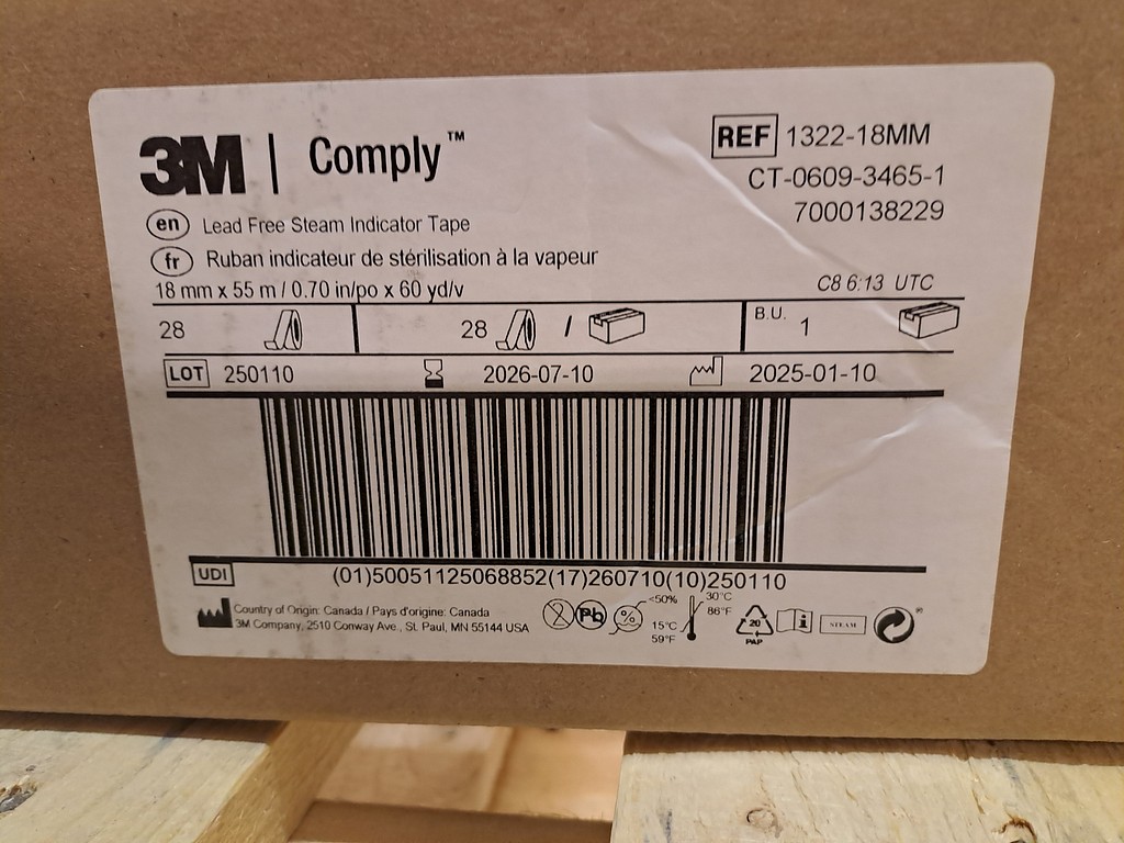 Indikatortejp Comply 1322 18mmx55m ångsterilisering indikator natur