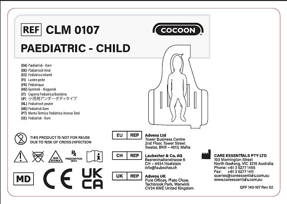 Coccon Värmtäcke Pediatrisk Under kroppen Storlek: 100 × 135 cm Slanganslutningar: 2