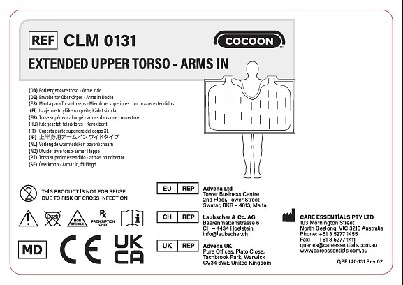 Coccon Värmtäcke Överkropp Förlängd – armar parallella Storlek: 96 × 130 cm Slanganslutningar: 2