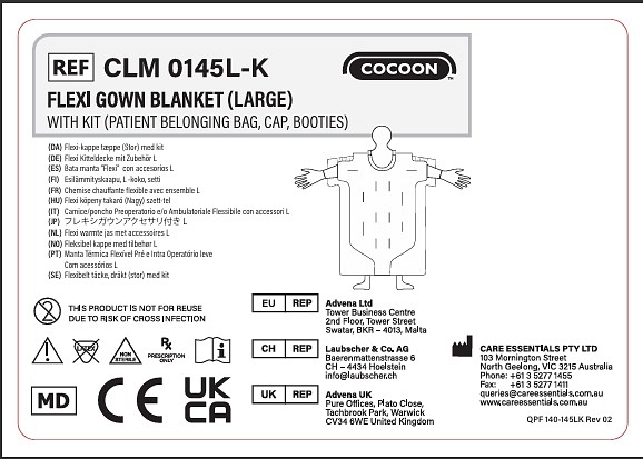 Cocoon Engångs Flexi poncho värmetäcke - Large Kit (Patienttillhörighetspåse, mössa, tossor) Slanganslutningar: 3