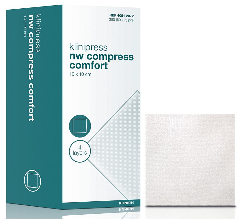 Klinipress Comfort, non woven kompres 4 lag, brev a 5 stk, steril, 10 cm x 10 cm