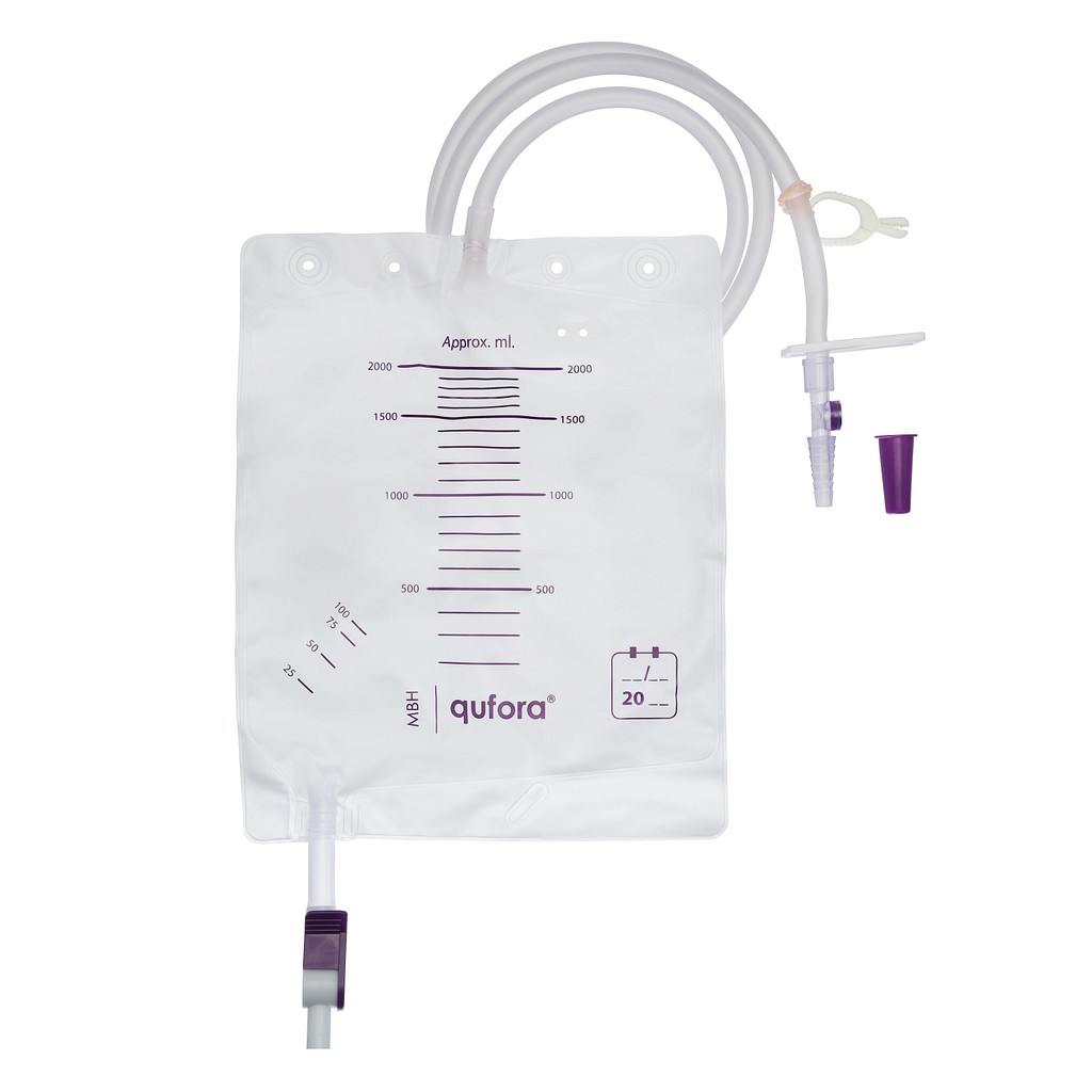 Qufora sengepose, 120 cm, dreieventil, prøvetakingsport, steril, 2000 ml