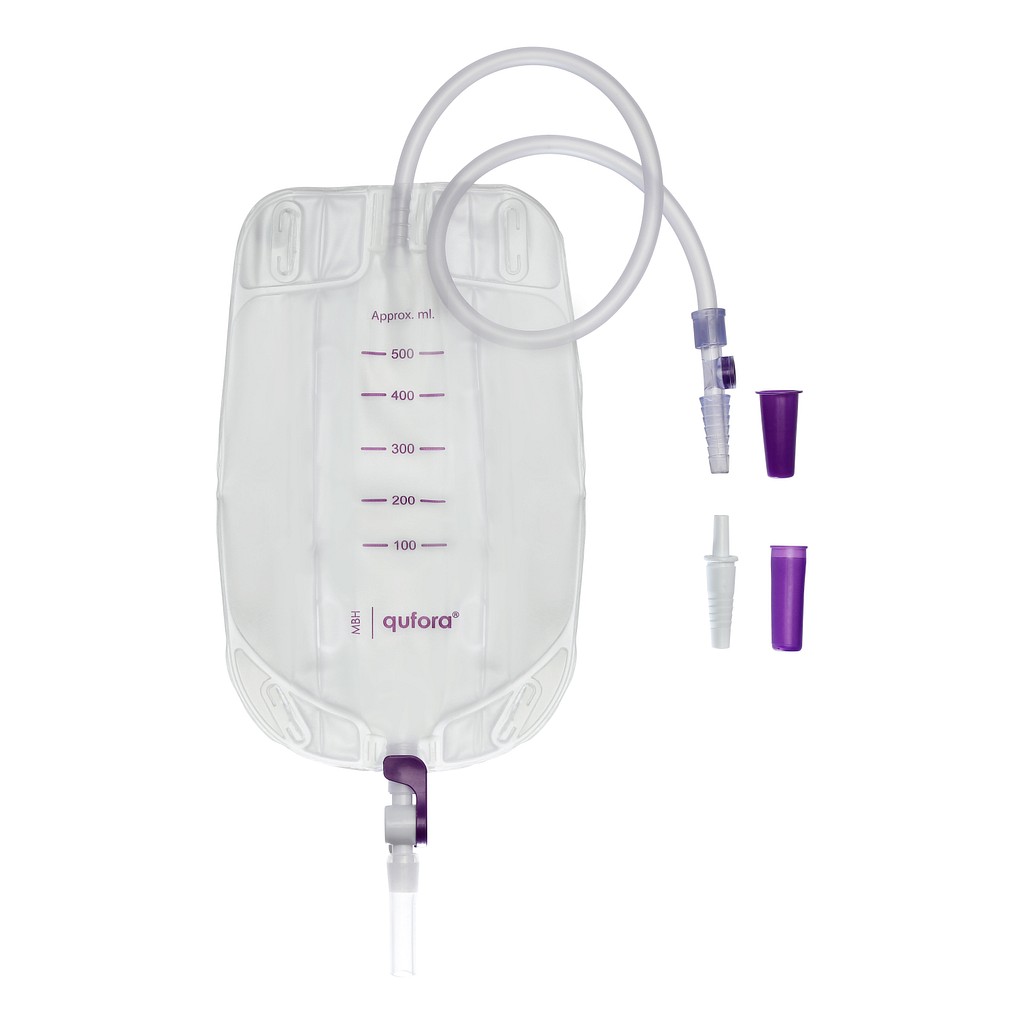 Qufora flerkammer urinpose, 50 cm justerbar slange, Q-flow avtapping +4 cm, NRV, NW, steril, 500 ml