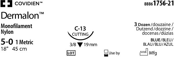 Sutur Dermalon nylon blå C13 5-0 45 cm